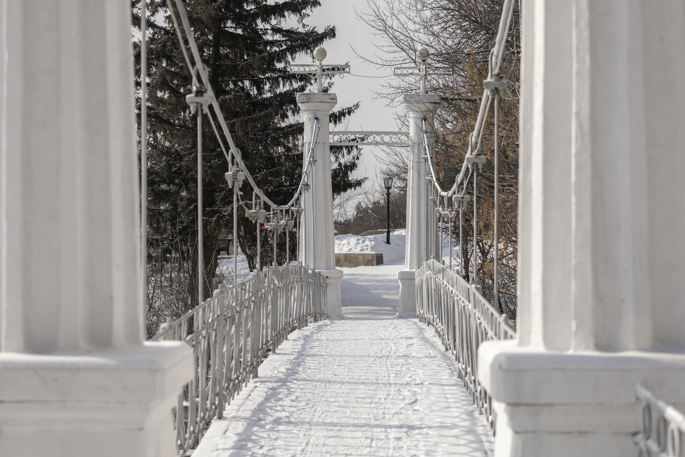 Snow-covered pedestrian suspension bridge among trees