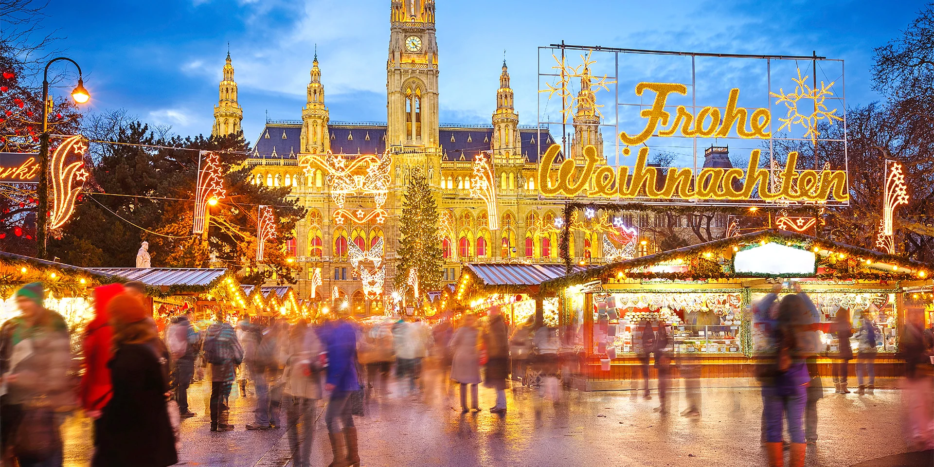 Christmas market and festive lights outside Vienna City Hall