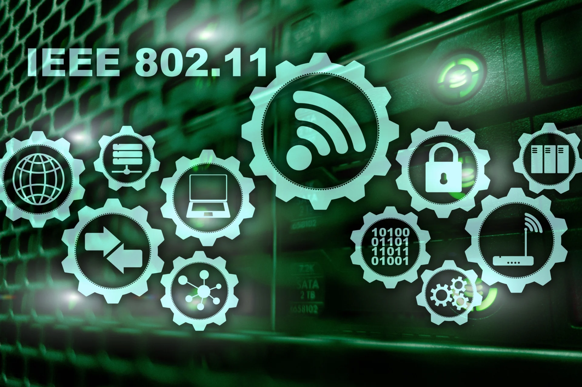 Illustrative IEEE 802.11 wireless connectivity concept with servers and network symbols