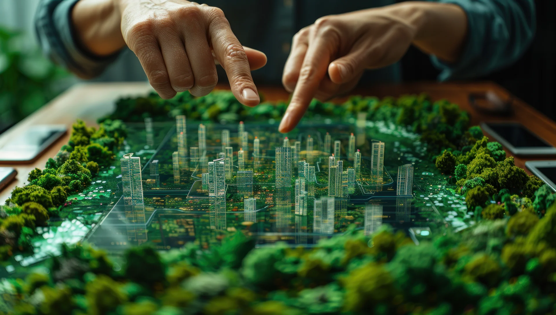 Illustrative sustainable urban planning concept: hands working with a green city model