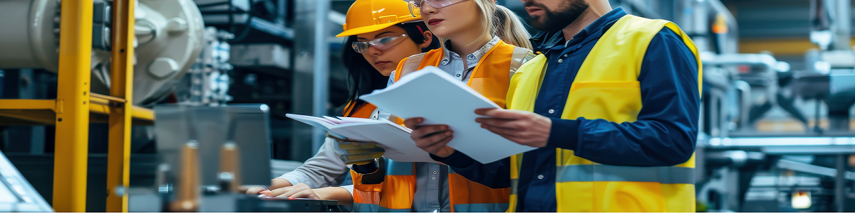 Researchers and engineers reviewing technical documents