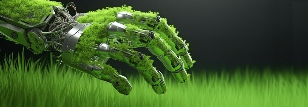 Robotic hands above grass, illustrating artificial intelligence and green technology